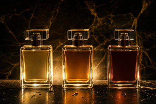 Trzy flakony perfum z płynem o coraz głębszej bursztynowej barwie, podświetlone od tyłu