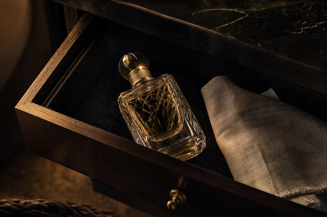 Flakon perfum w otwartej ciemnej szufladzie wyłożonej czarnym weluerem, obok złożona lniana ściereczka